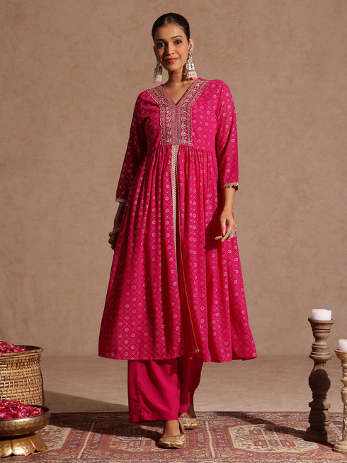 Janasya Women's Pink Georgette Foil Printed Embellished A-line Front-open Kurta With Palazzo Set